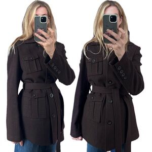 RW&CO Brown Wool Knit Belted Safari Utility Military 4 Pocket Jacket Coat
